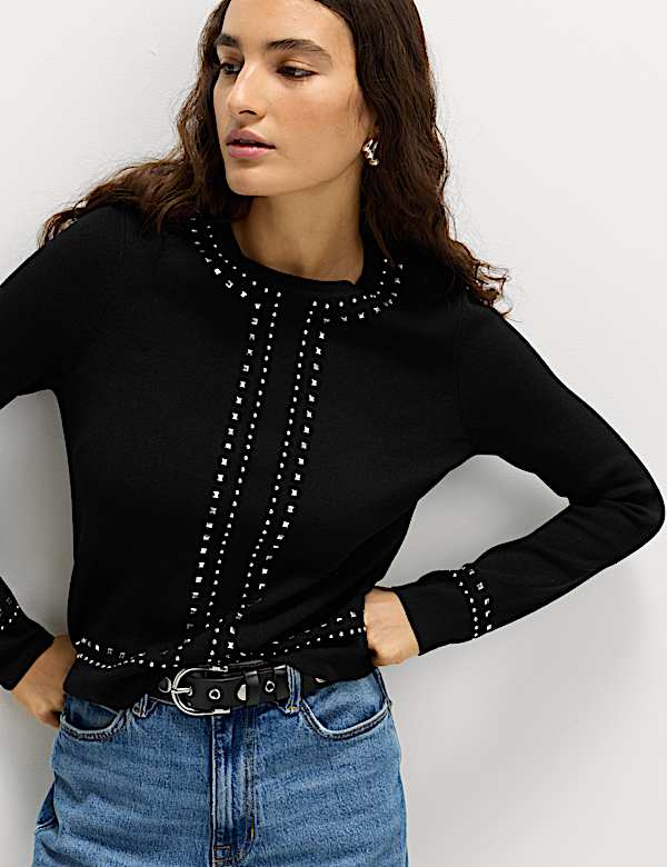 Stud Embellished Crew Neck Jumper - CY