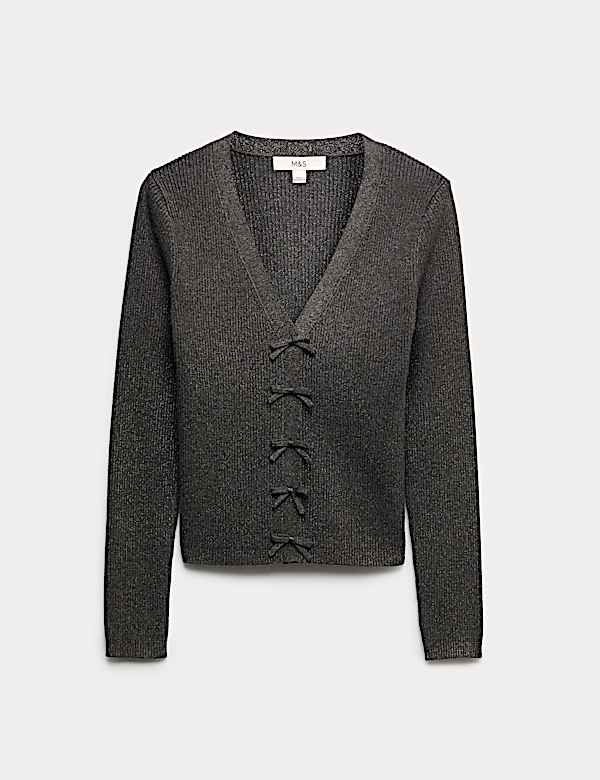 Sparkly V-Neck Bow Detail Cardigan - IL