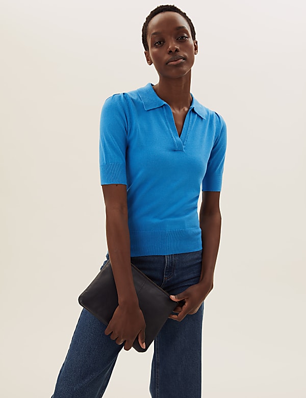 Polo Neck Short Sleeve Knitted Top