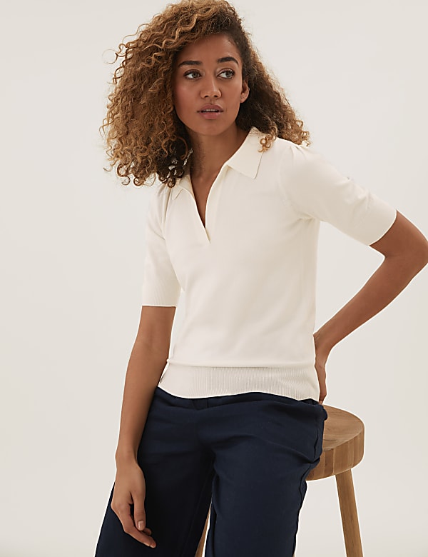 Polo Neck Short Sleeve Knitted Top