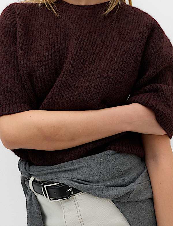 Ribbed Crew Neck Relaxed Knitted Top with Wool - UA