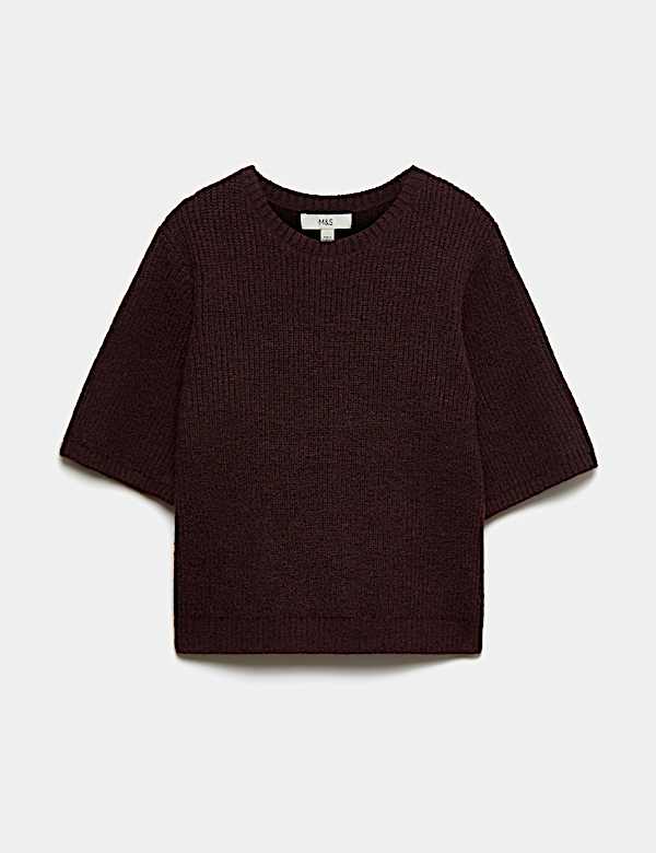 Ribbed Crew Neck Relaxed Knitted Top with Wool - UA