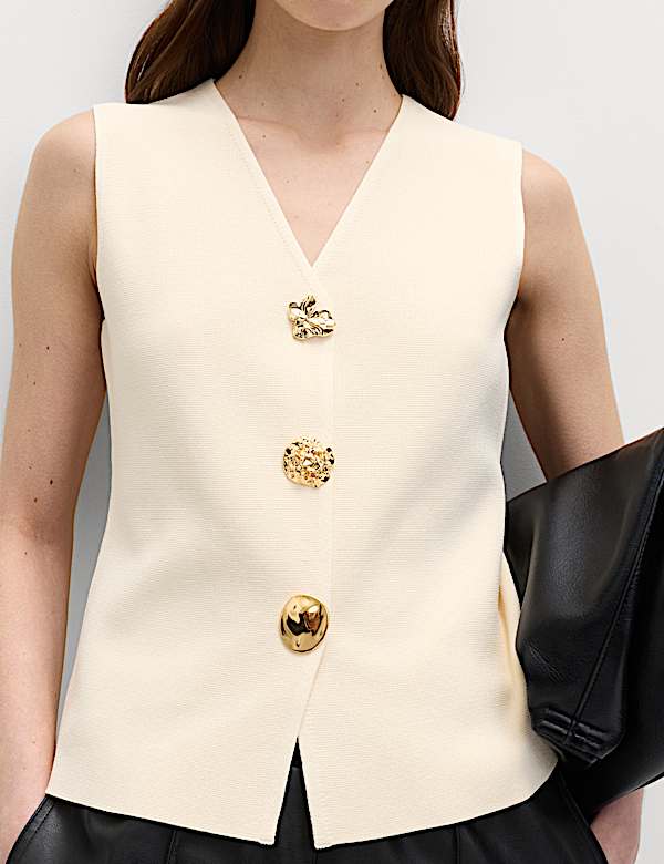 V-Neck Button Front Knitted Waistcoat - RS