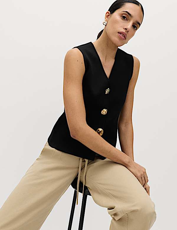 V-Neck Button Front Knitted Waistcoat - CA