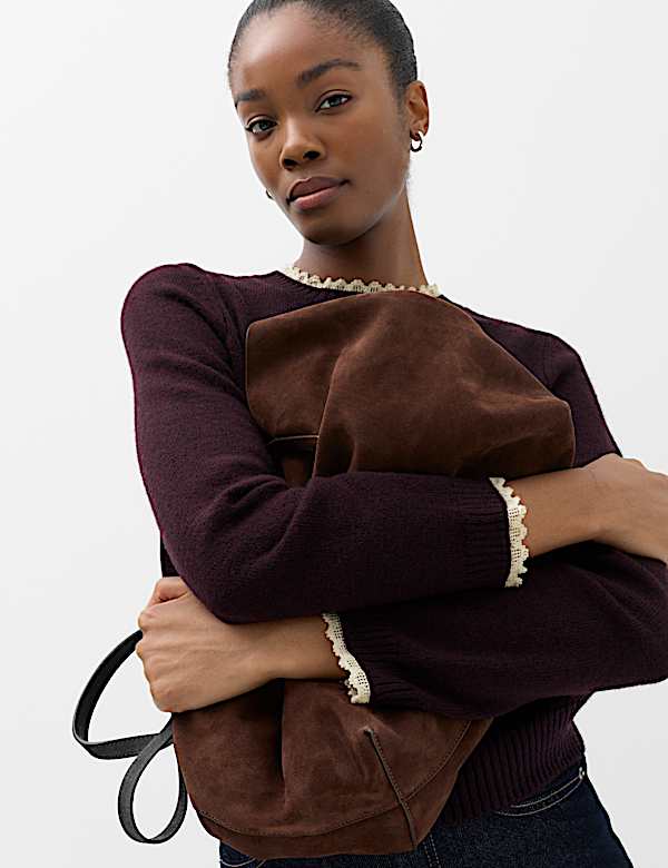 Lace Detail Crew Neck Jumper with Wool - JP