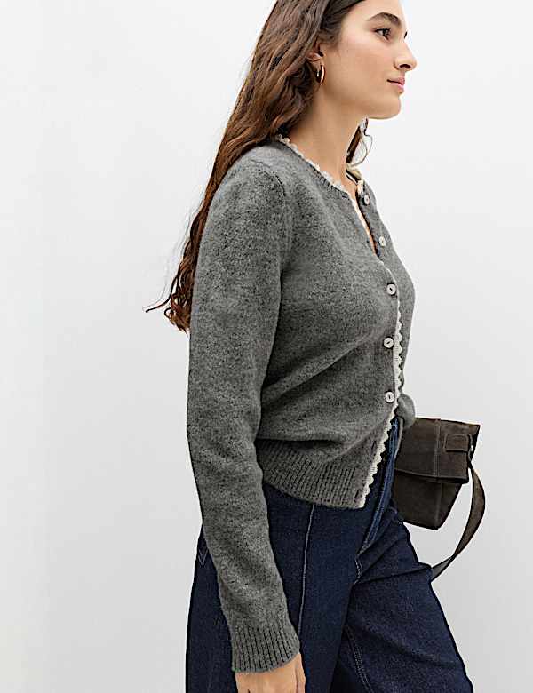 Lace Detail Crew Neck Cardigan - CA