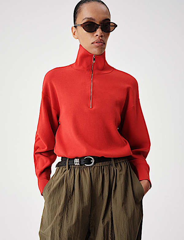 Funnel Neck Half Zip Relaxed Jumper - PT