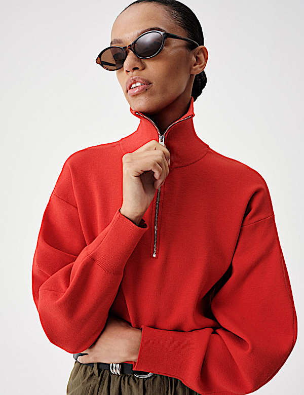Funnel Neck Half Zip Relaxed Jumper - PT