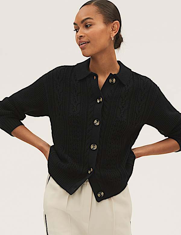 Soft Touch Cable Knit Collared Cardigan