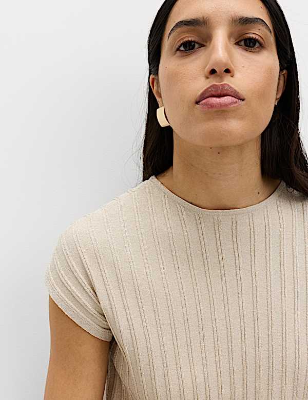 Sparkly Ribbed Crew Neck Knitted Top - EE