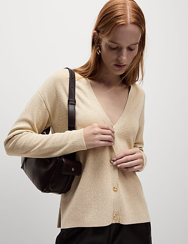 Metallic V Neck Button Front Relaxed Cardigan