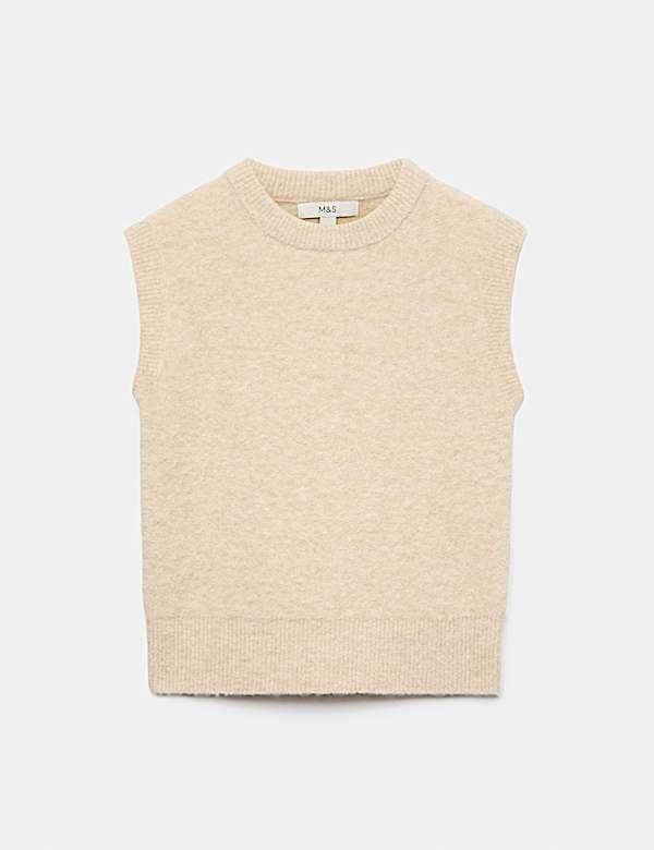 Boucle Crew Neck Slim Fit Knitted Vest With Wool - MX