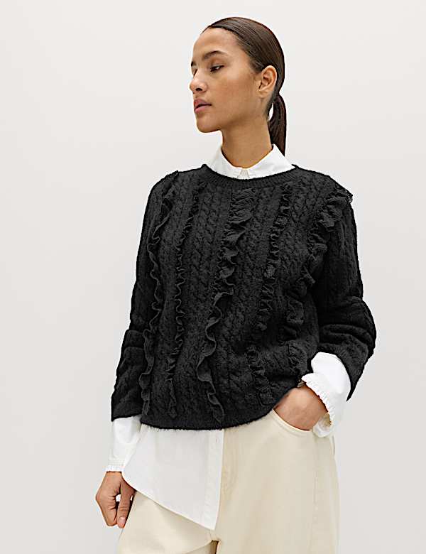 Textured Ruffle Crew Neck Jumper with Wool - CY