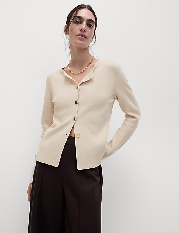 Textured Crew Neck Button Front Cardigan