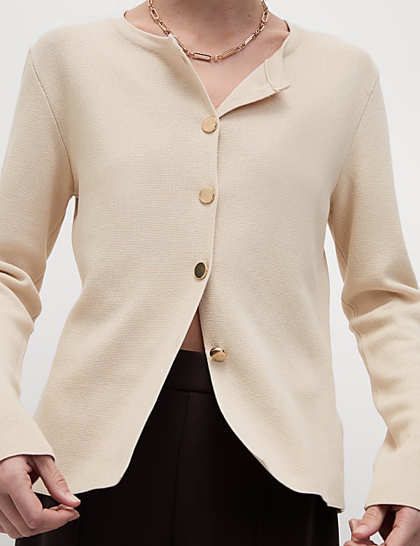 Textured Crew Neck Button Front Cardigan
