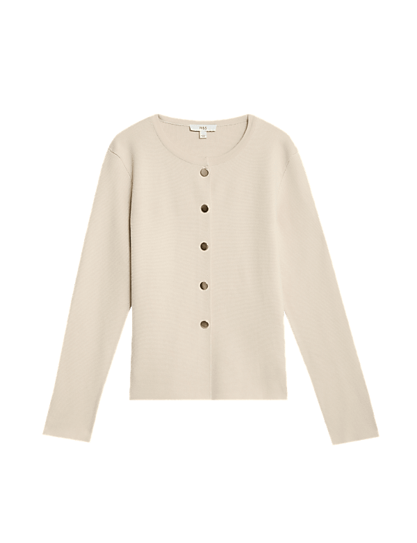 Textured Crew Neck Button Front Cardigan