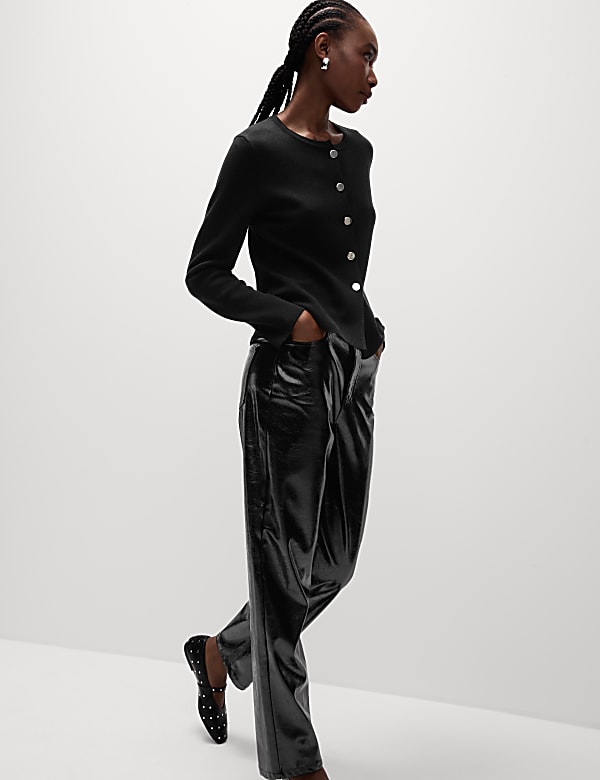Textured Crew Neck Button Front Cardigan