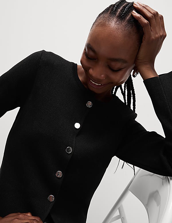 Textured Crew Neck Button Front Cardigan