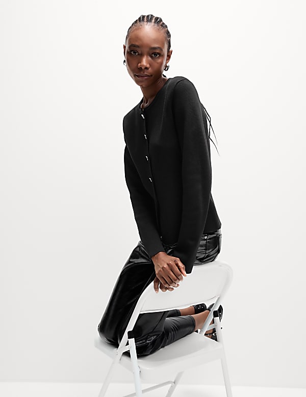 Textured Crew Neck Button Front Cardigan