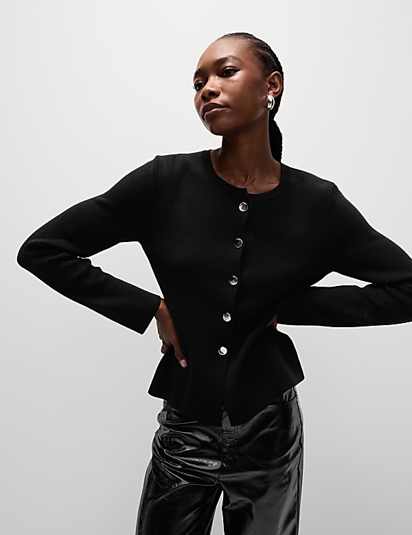 Textured Crew Neck Button Front Cardigan