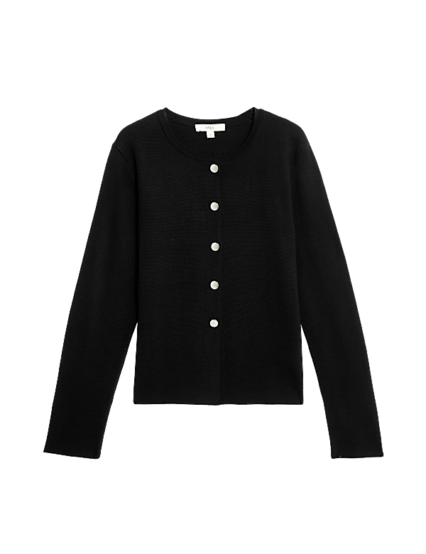 Textured Crew Neck Button Front Cardigan