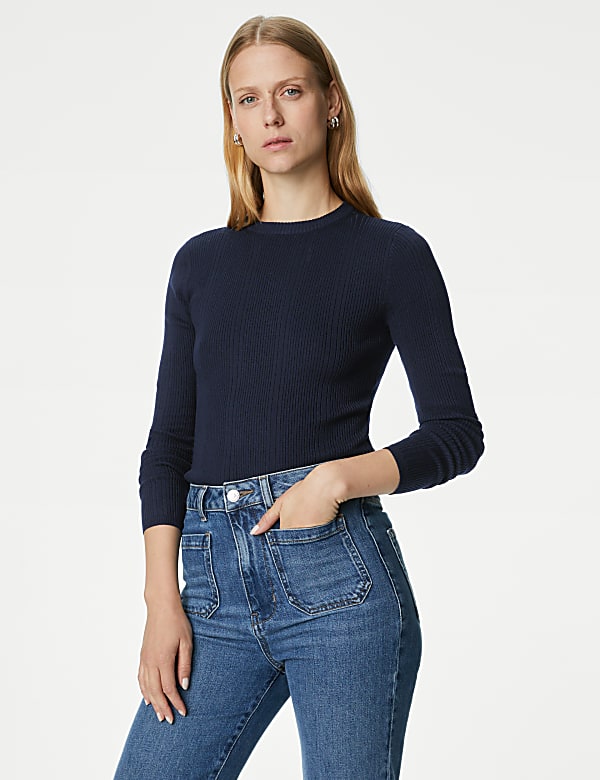 Ribbed Crew Neck Fitted Knitted Top - ES