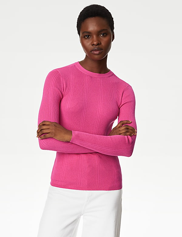 Ribbed Crew Neck Fitted Knitted Top
