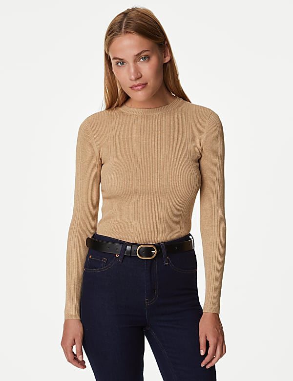 Ribbed Crew Neck Fitted Knitted Top