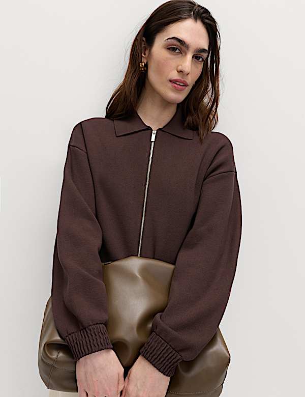 Zip Up Knitted Collared Bomber Cardigan - LT