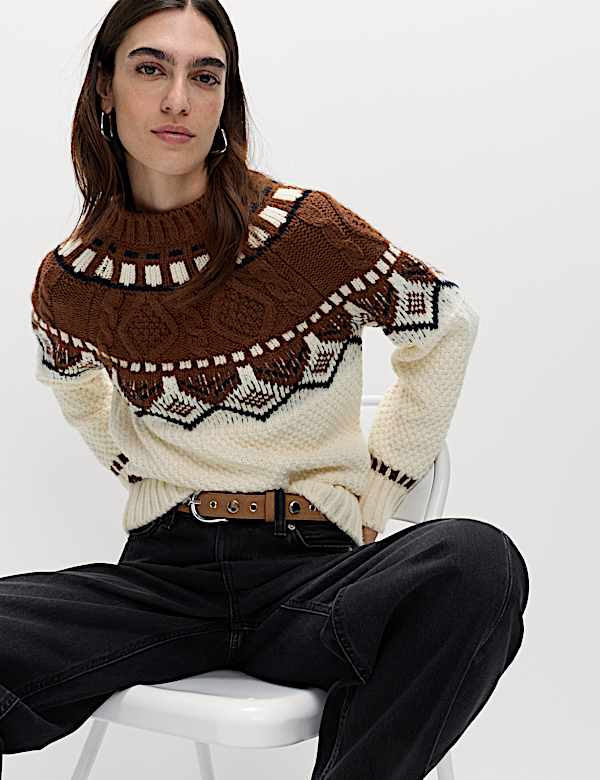 Fair Isle Cable Knit Crew Neck Jumper - PT