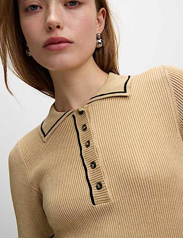 Ribbed Collared Tipped Detail Knitted Top - RS