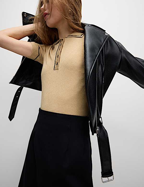 Ribbed Collared Tipped Detail Knitted Top - ID