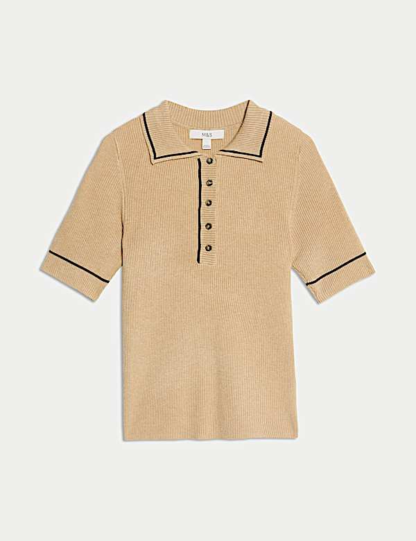 Ribbed Collared Tipped Detail Knitted Top - RS