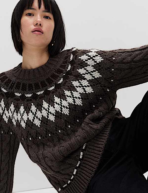 Cable Knit Fair Isle Crew Neck Jumper - SK