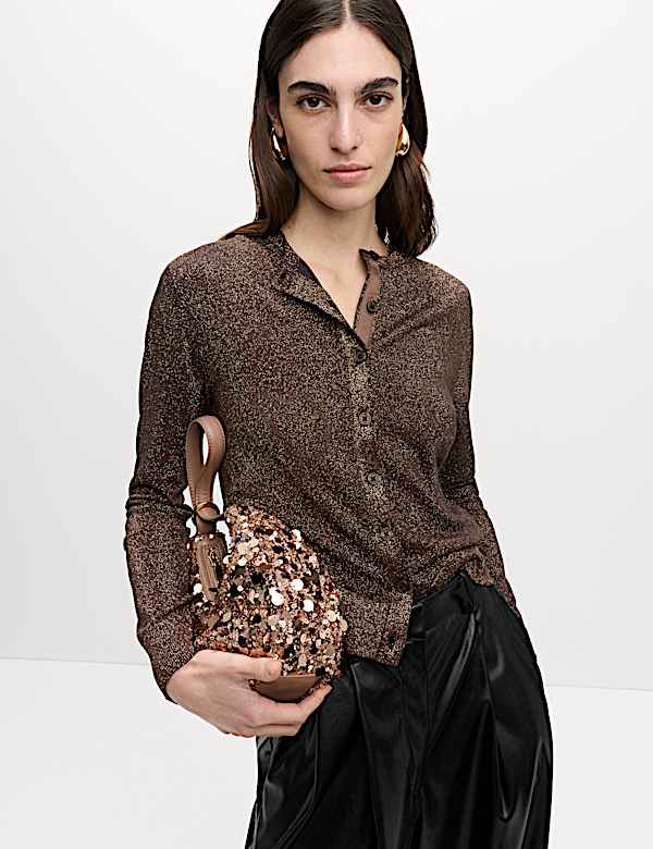 קרדיגן מטאלי נוצץ עם צווארון עגול - IL