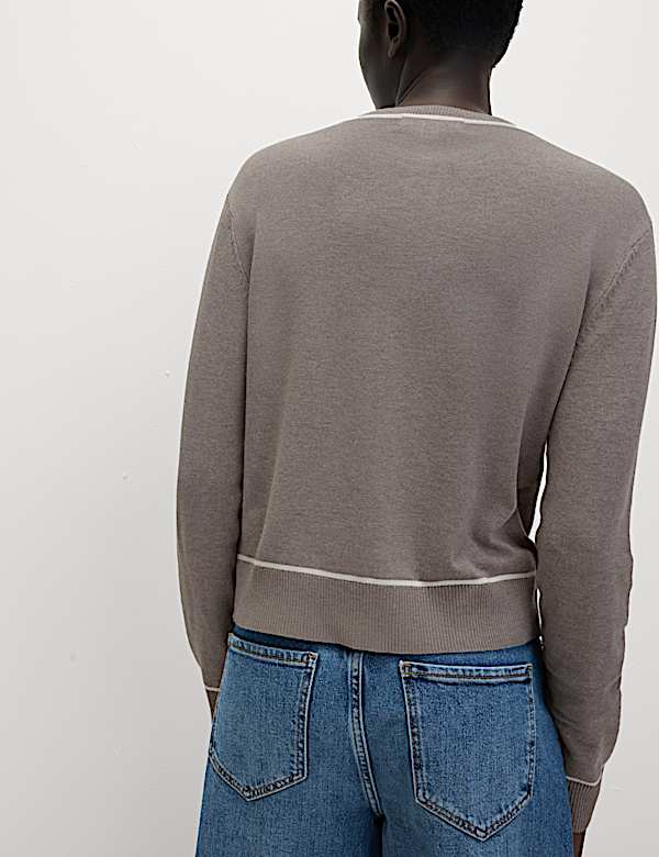 Crew Neck Tipped Detail Button Front Cardigan