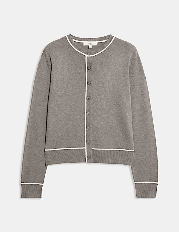 Crew Neck Tipped Detail Button Front Cardigan - DK