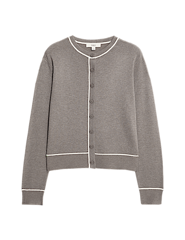 Crew Neck Tipped Detail Button Front Cardigan