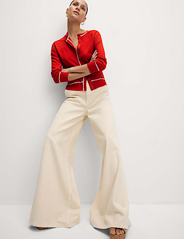 Crew Neck Tipped Detail Button Front Cardigan - ID