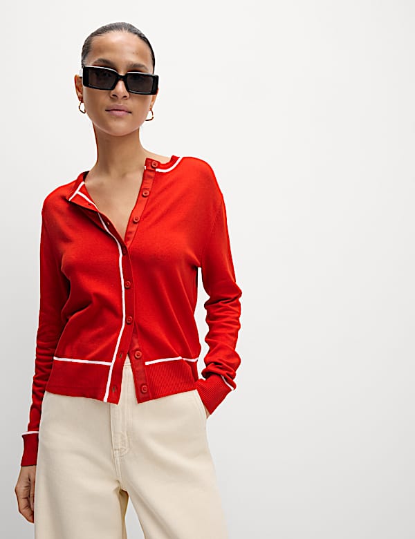 Crew Neck Tipped Detail Button Front Cardigan - ID