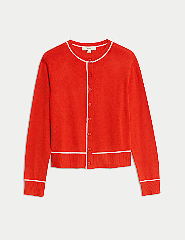 Crew Neck Tipped Detail Button Front Cardigan - ID