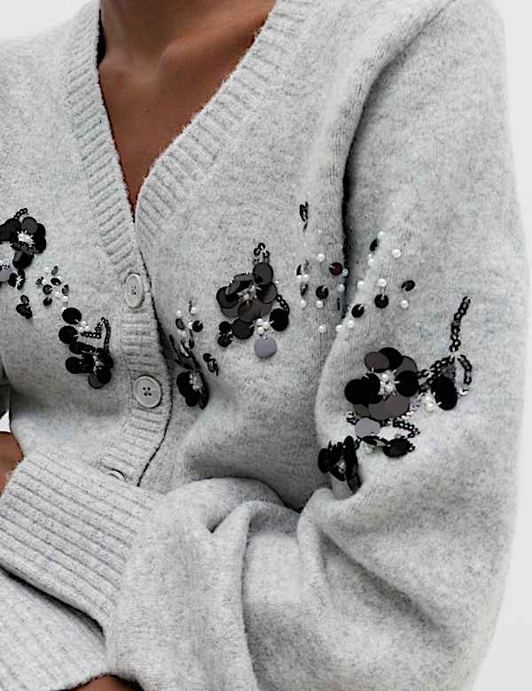 Embellished V-Neck Cardigan with Wool - KR