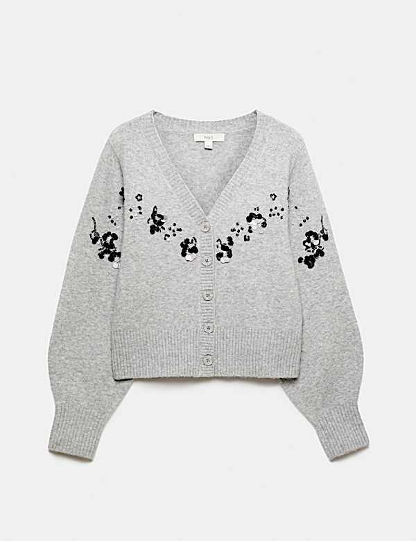 Embellished V-Neck Cardigan with Wool - KR