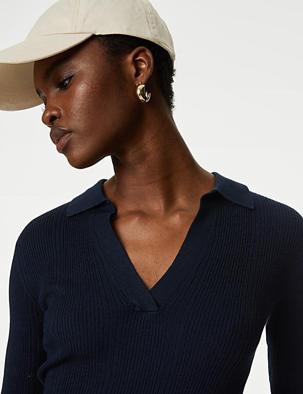 Ribbed Collared Fitted Knitted Top