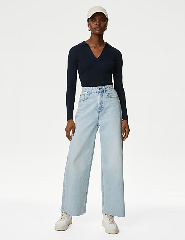 Ribbed Collared Fitted Knitted Top