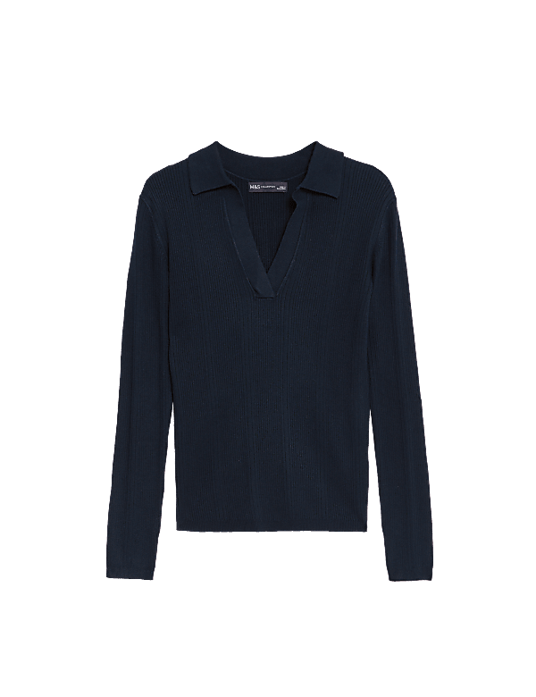 Ribbed Collared Fitted Knitted Top