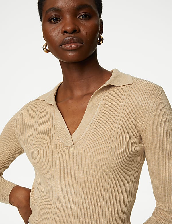 Ribbed Collared Fitted Knitted Top