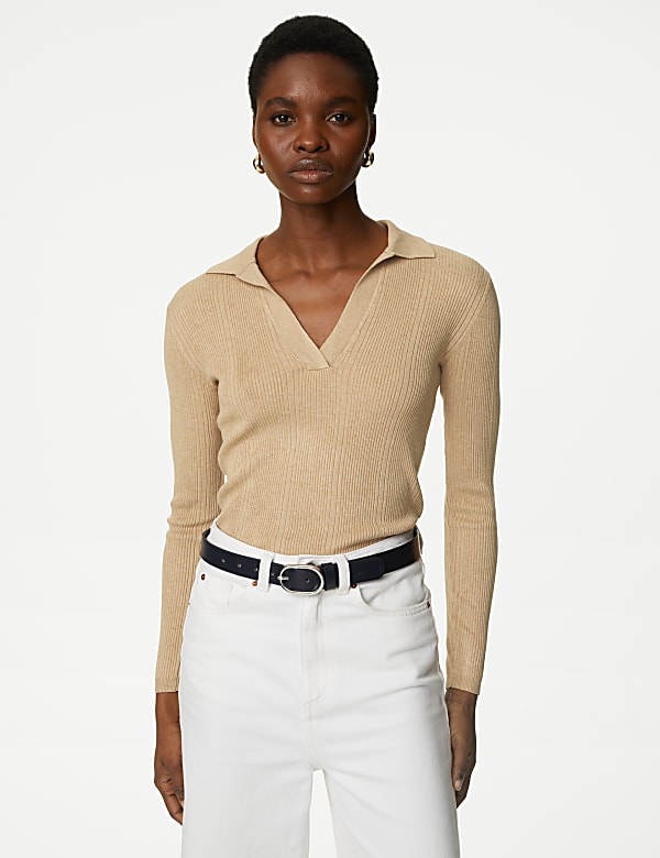 Ribbed Collared Fitted Knitted Top