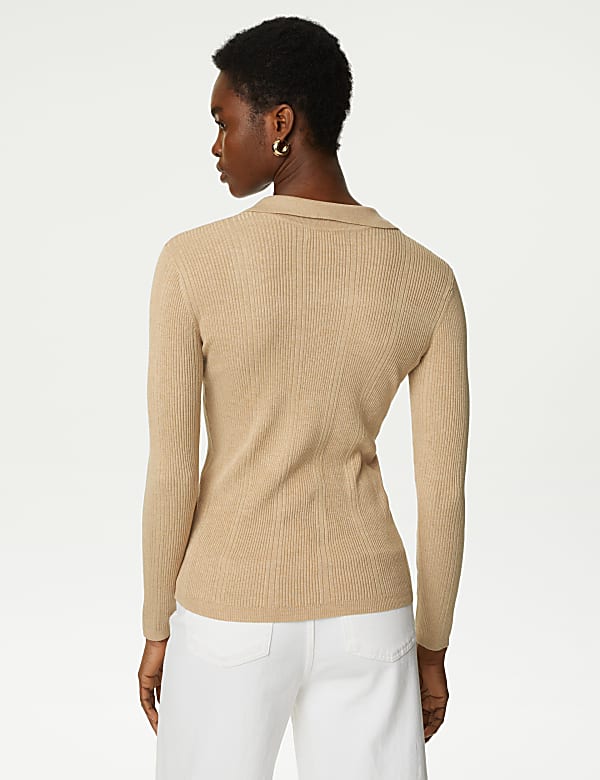 Ribbed Collared Fitted Knitted Top