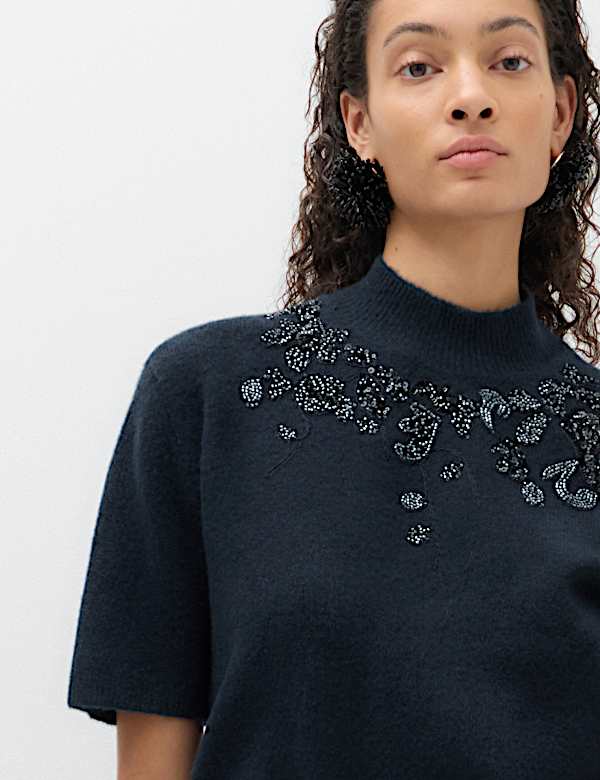 Embellished Funnel Neck Knitted Top - NZ